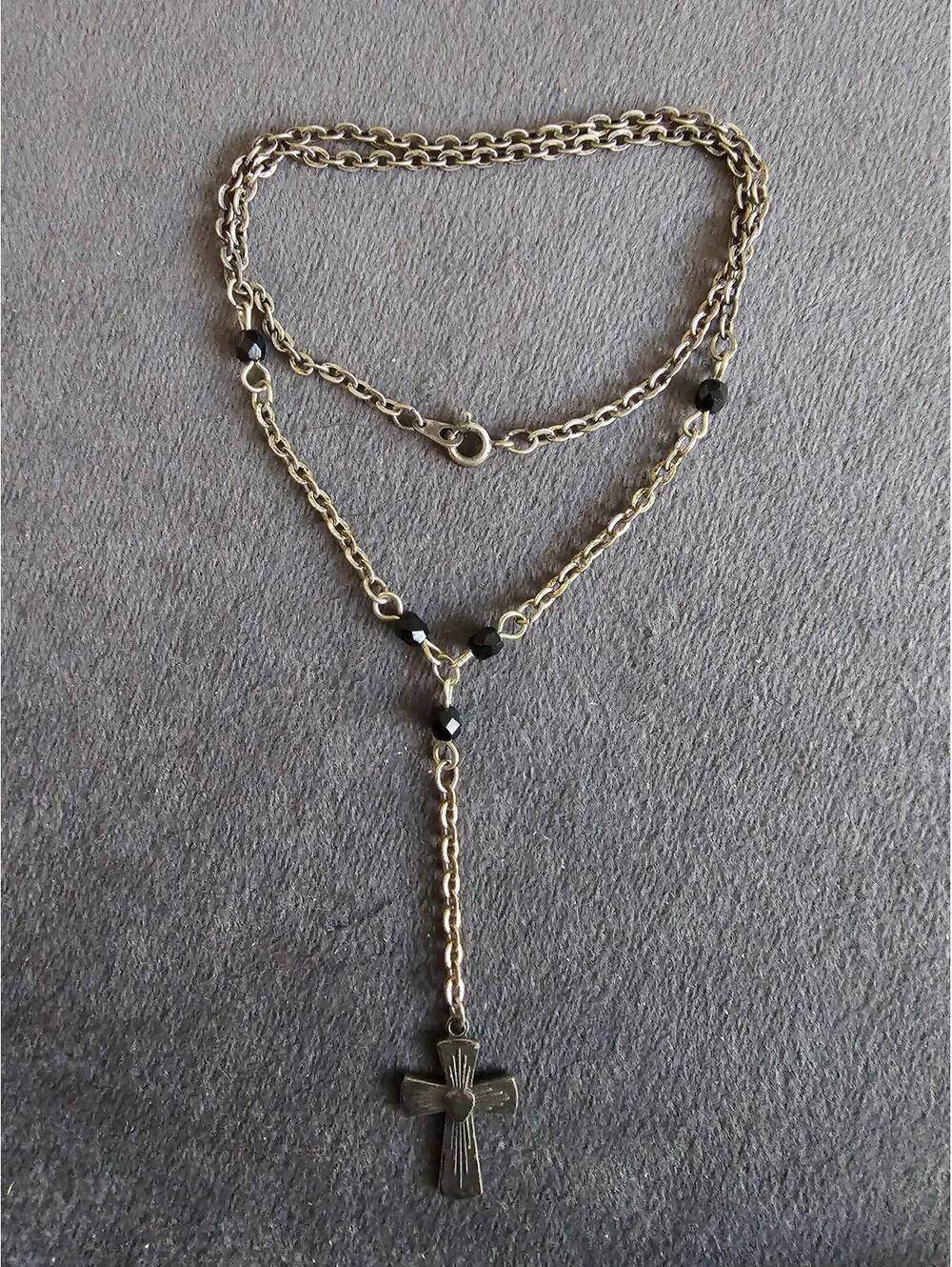 Silver And Black Bead Cross Necklace